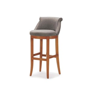 Chaise de bar moderne et durable avec accoudoirs fixes, siège et dossier en tissu gris, structure en bois massif, base en acier inoxydable pour utilisation à domicile ou au bar - Product Image 1