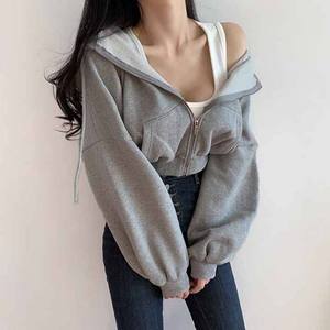 Sudadera Corta con Capucha Gris para Mujer, Estilo Holgado con Hombros Caídos, Cierre Frontal con Cremallera, Color Sólido, Ropa Casual de Otoño, 100% Algodón - Product Image 1