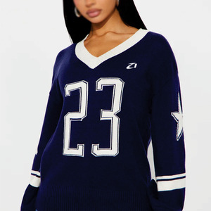 เสื้อเจอร์ซีย์กีฬาคอวีทรงโอเวอร์ไซส์ พรีเมียม ผ้าถัก ดีไซน์ตัวเลข สตรีทแวร์ แขนยาว แบบสวม ยูนิเซ็กส์ ผ้าตาข่าย ลายอเมริกันฟุตบอล - Product Image 4