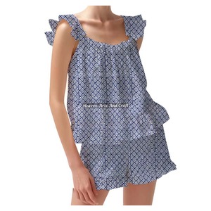 Women Cotton Casual Women Shorts Pajama Set Gift For Her Shorts Pajama Spring/Summer Fitted Strappy Ruffle <b>Trim</b> Sleeves PJ Set - Product Image 6
