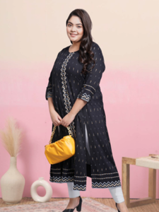 Kurti Anarkali de Rayón para Mujer, Talla Grande, Estampado Geométrico Negro, Cuello Redondo, Mangas Tres Cuartos, Cómodo para Uso Diario - Product Image 3