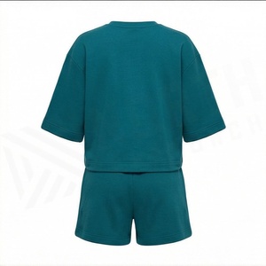 Women's 2 Piece Teal <b>Flame</b> Print Shorts Set Crew Neck Half Sleeve Loose Fit Casual Spring Summer Cotton Top and Above Knee - Product Image 2
