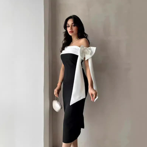 Vestido midi con lazo en contraste y hombros descubiertos o vestido de noche monocromático de corte columna para cóctel o eventos formales - Product Image 1