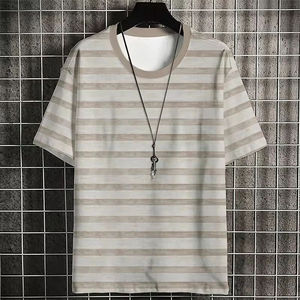 T-shirt décontracté à rayures pour homme, col rond, manches courtes, tricoté, coupe régulière, motif streetwear, vente en gros - Product Image 6