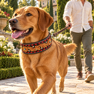 Collier pour chien en cuir clouté et orné, rouge, avec lacets floraux et rembourrage |   Collier pour chien ajustable avec boucle sculptée à la main de style western - Product Image 3