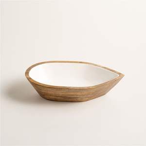 Bol à salade artisanal en bois de manguier émaillé, forme de feuille, intérieur émaillé blanc, pour fruits et collations, décoration moderne pour la maison - Product Image 1