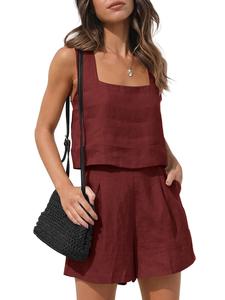 Conjunto de 2 piezas de verano 2026 para mujer, estilo vintage, casual, sin cuello, sin mangas, hasta la rodilla, color liso, pantalones cortos, tallas grandes, lino y algodón - Product Image 4