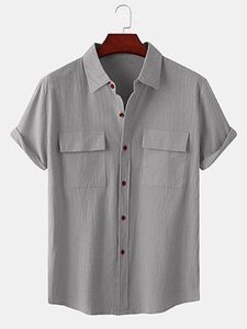 เสื้อเชิ้ตแขนสั้นผ้าลินินผสมฝ้ายสำหรับผู้ชาย สีเทาล้วน ปกคอปกติดกระดุม ด้านหน้า ลำลอง ใส่ทำงานได้ในฤดูร้อน - Product Image 1