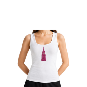 Women's White Tank <b>Top</b> with Beaded Pink Glitter Empire State Building Scoop Neck Casual Cotton Knitted Breathable Front Logo <b>Top</b> - Product Image 1
