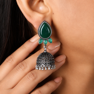 Boucles d'oreilles Jhumka en alliage de zinc plaqué argent, imitation onyx traditionnel, faites à la main, style vintage, ethnique, indien, bohème, pour soirée - Product Image 4