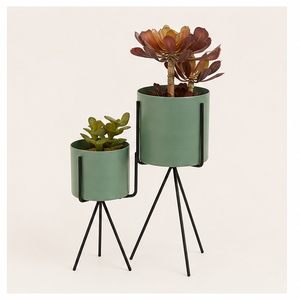 Ensemble de 2 supports à plantes modernes en métal avec pots de fleurs sur piédestal, luxueux, revêtement poudré vert, pour plantes succulentes d'intérieur - Product Image 3