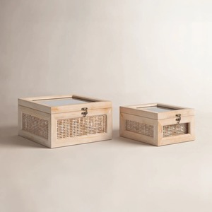 Ensemble de boîtes de rangement rectangulaires en bambou, 2 couches, empilables, design tressé, style bohème, avec couvercle en verre, pour articles divers - Product Image 6