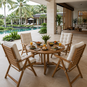 Modern Outdoor Solid Teak Wood <b>Round</b> Dining <b>Table</b> Set with Folding Chairs <b>Patio</b> Garden Resort Villa Furniture - Product Image 1