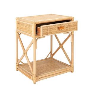 Mesa de Noche de Ratán Tejida a Mano Estilo Boho con Cajón y Estante Abierto para Interiores Costeros, Organizador Clásico de Ratán - Product Image 1