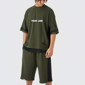 Ensemble T-shirt et short d'été pour homme, personnalisé, en polyester/coton tricoté, pour un style vintage délavé, coupe ample, respirant, imprimé - Product Image 1