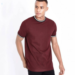 Men's Maroon Short Sleeve T-<b>Shirt</b> O-Neck Contrast Trim Regular Fit Casual Jersey Knit <b>100</b>% Cotton Solid Color - Product Image 1