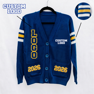 Custom OEM ODM Women Knitted Sorority Varsity <b>Cardigan</b> <b>Sweater</b> Anti-Wrinkle Royal Blue White Gold Striped Sleeves Button - Product Image 1