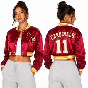 Women Fashion Cardinals Cropped Satin Team <b>Jacket</b> Custom Embroidered Logo Front Player Name Number Back Varsity Wear Supplier - Product Image 1