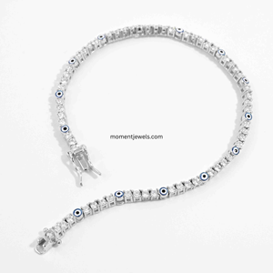 Pulsera de tenis de plata de ley 925 chapada en platino con circonita y amuleto de protección Nazar, joyería streetwear - Product Image 6