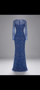 Vestido de Noche Azul Rey con Cuello Redondo, Manga Larga con Efecto Ilusión, Ajustado, Bordado con Lentejuelas, Cintura Natural, Largo hasta el Suelo, Estampado en Serigrafía - Product Image 2