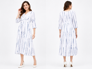 Vestido midi con cuello en V y efecto tie-dye para mujer, manga 3/4, corte en A, holgado, informal, de verano, de viscosa, con rayas blancas y azules, cintura imperio, estilo fluido. - Product Image 2