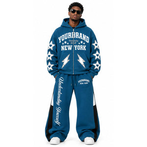 Ensemble survêtement bleu épais à capuche coupe ample style streetwear avec logo blanc imprimé et poches latérales - Product Image 5