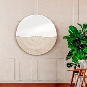 Modern Geometric <b>Round</b> Split Design Wall <b>Mirror</b> - White Resin & Natural Wood - 70cm <b>Bathroom</b> Home Decor - Product Image 2