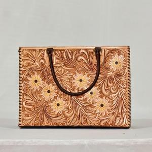 Sac fourre-tout vintage en cuir véritable brodé de fleurs, sac à main pour femme, design ouvert, style toutes saisons - Product Image 1