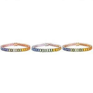 KING O KING Bracelet tennis tendance en or blanc massif 18 carats avec diamants véritables taille octogonale et saphirs arc-en-ciel pour femme - Fiançailles, Mariage, Fête - Product Image 4