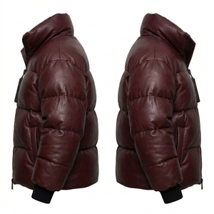 Custom Wholesale Mens Burgundy Real Leather Puffer Jacket Unisex Winter Warm <b>Bubble</b> <b>Coat</b> Manufacturer Padded Outerwear Apparel - Product Image 3