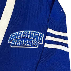 Custom Royal Blue Button Cardigan Sweater Chenille Patch Logo Embroidery <b>White</b> Contrast Pocket Trim 3 Stripe Sleeve Winter - Product Image 3
