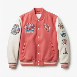 Blouson universitaire style bomber moderne en techniques mixtes, corps en laine originale, manches en cuir synthétique, couleur personnalisée, bordure en tricot côtelé, fermeture à boutons-pression - Product Image 1