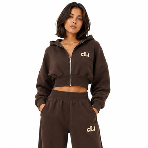 <b>Women</b> Brown Cropped Zip Hoodie Tracksuit Custom Puff Print Back Logo Jacket Heavy Fleece High Waist Wide Leg <b>Sweatpants</b> Factory - Product Image 2