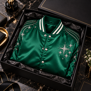 Stylish Crystal Rhinestone Satin Jacket Luxury <b>Star</b> Embellished Varsity Bomber Coat with Shiny <b>Fabric</b> for Fashion Streetwear Out - Product Image 5