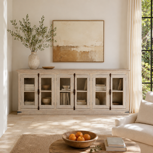 Buffet en bois style Ibiza sablé avec portes vitrées, meuble de rangement rustique, meuble de présentation vintage pour salon - Product Image 4