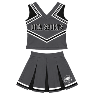 Ensemble de cheerleading gris anthracite, noir et blanc, avec crop top sans manches à col en V et jupe plissée, pour performance de danse et équipe de cheerleading - Product Image 1