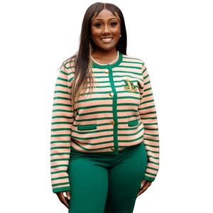 AKA Cardigan rayé pour femme, pull en tricot boutonné sur le devant, rayures roses et vertes, style preppy, décontracté, chic, coupe douce - Product Image 1