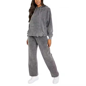 Conjunto de Sudadera con Capucha y Pantalones de Chándal de Terciopelo de Poliéster con Lavado Ácido para Mujer, 2 Piezas, Chándal Casual de Ajuste Holgado, Ligero, con Cintura Elástica y Largo Completo - Product Image 2