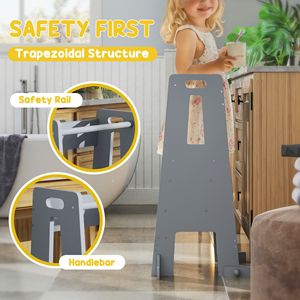 Torre per Bambini Regolabile Grigia con Ringhiera di Sicurezza e Maniglia, Set di Mobili per Bambini per Bagno o Cucina - Product Image 5