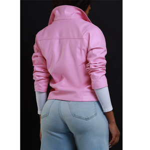 <b>Pink</b> PU Moto <b>Jacket</b> Women's Slim Fit Zipper Closure Turn-Down Collar Regular Sleeve Autumn Solid Color Motorcycle Coat - Product Image 4