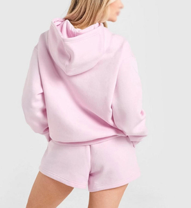 Women <b>Pink</b> Hooded <b>Tracksuit</b> <b>Set</b> Full Sleeve Zipper Shorts Solid Color Casual Loose Fit Spring Wear 100% Cotton - Product Image 4