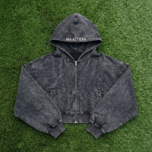 Women's Black Washed <b>Cropped</b> <b>Zip</b> <b>Up</b> <b>Hoodie</b> Fleece Sweatshirt Casual Hooded Jacket Custom Logo - Product Image 6