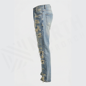 Jean en denim déchiré et délavé coupe slim taille haute pour homme, jambe droite, en coton, style décontracté printemps - Product Image 3