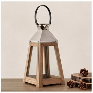 <b>Rustic</b> <b>Wood</b> and Metal Lantern with Glass Panes Modern Farmhouse Candle Holder for Wedding Centerpiece Hanging Decorative Lantern - Product Image 3