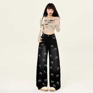 <span class=keywords><strong>Jeans</strong></span> de Mujer con Estampado de Lazo, Elegantes, de Cintura Alta, Pierna Ancha, Estilo Chic, Holgados, Rectos, Estética Coquette Y2K - Product Image 2