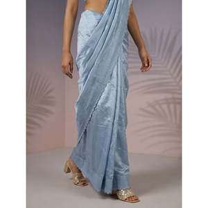 Sari de satén de frambuesa puro con trabajo Leheriya y borde de lentejuelas, sari de seda festivo ligero con blusa bordada - Product Image 1