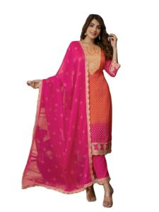 Conjunto de traje Salwar con estampado de Bandhani bordado de gasa para mujer de Trendmalls Kurta con protección solar de boda de Dupatta EN EL G289-Orange-S - Product Image 2