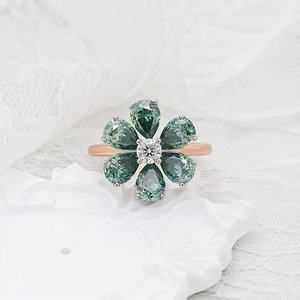 Anillo de Lujo con Gema Verde de 5x7mm, Corte Pera, con Flor, Plata de Ley 925, Moderno, para Boda, Compromiso, Aniversario, Regalo para Mujer - Product Image 3