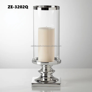 ZE-3202Q Hurricane Candleholder Column Shape Silver Base Clear <b>Glass</b> Home Decoration - Product Image 1