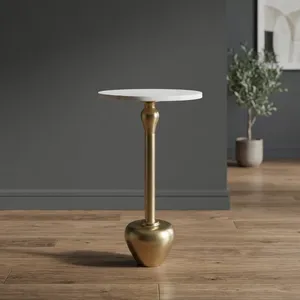 Modern <b>Round</b> White Marble Top Side <b>Table</b> with Brushed <b>Gold</b> Metal Pedestal Base Contemporary Accent Furniture - Product Image 6